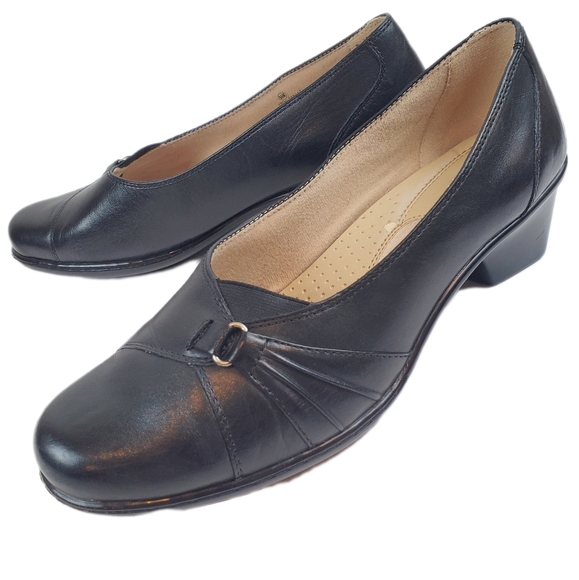 Michel M Black Leather Heals Slip On Shoes Size 9.5 Womens - Picture 1 of 11